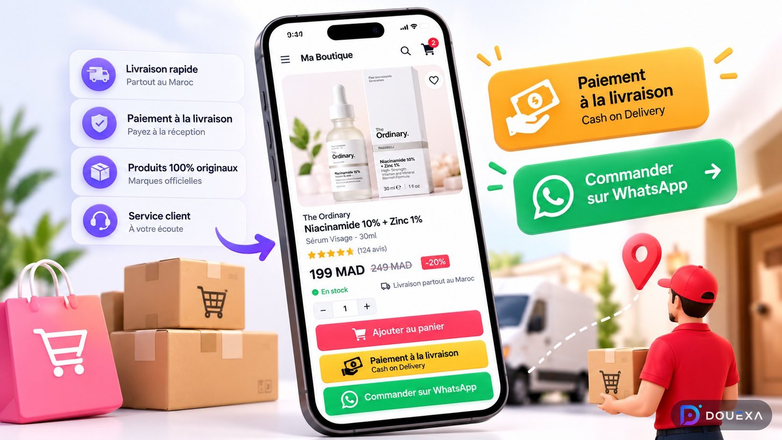 صفحة منتج متجر إلكتروني على هاتف مع أزرار الدفع عند الاستلام والطلب عبر WhatsApp